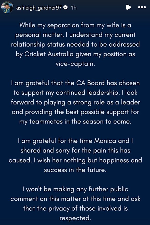 Australian vice captain Ash Gardner’s Instagram story.