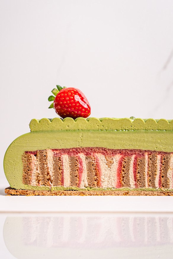 Strawberry matcha yuzu cake with hojicha sponge, whipped hojicha ganache, strawberry-yuzu confit, and matcha mousse on a green tea almond shortcrust.