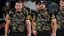 SYDNEY, AUSTRALIA - AUGUST 14: Mitch Kenny and Nathan Cleary of the Panthers look on after conceding a try during the round 24 NRL match between Penrith Panthers and Melbourne Storm at CommBank Stadium on August 14, 2025 in Sydney, Australia. (Photo by Cameron Spencer/Getty Images)