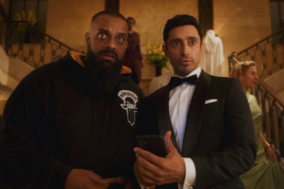 Riz Ahmed (right) plays obscure actor Shah Latif, who flubs a screen test to become the new James Bond - but then the internet loses its mind over a Muslim 007.