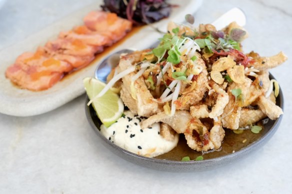 Thai fried squid (right) and torched salmon tataki (background). Both fantastic.