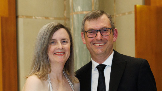 Rhonda and David Crowe arrive at the Midwinter Ball in Parliament House on Wednesday evening.
