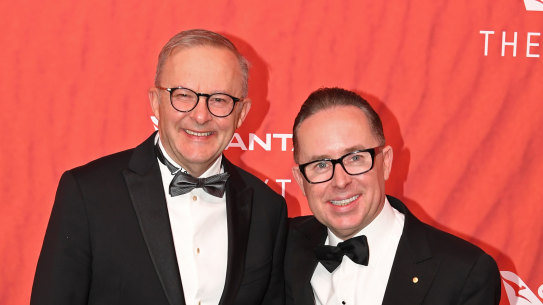 Anthony Albanese with then-Qantas CEO Alan Joyce at a 2023 gala celebrating the airline’s 100 years of operation.