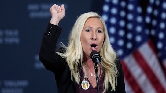 Marjorie Taylor Greene speaking ahead of Donald Trump at a campaign event in Atlanta in late 2024.