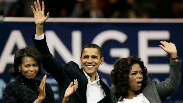 Michelle Obama, left, and Oprah Winfrey with the then Democratic presidential hopeful, Barack Obama, in 2007.