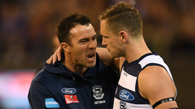 Cats coach Chris Scott with captain Joel Selwood during the elimination final loss to Melbourne.