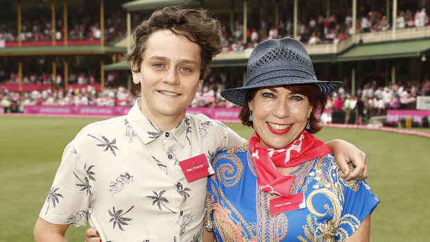 Kathy Lette and her nephew Riley O'Carroll at the SCG on Sunday.