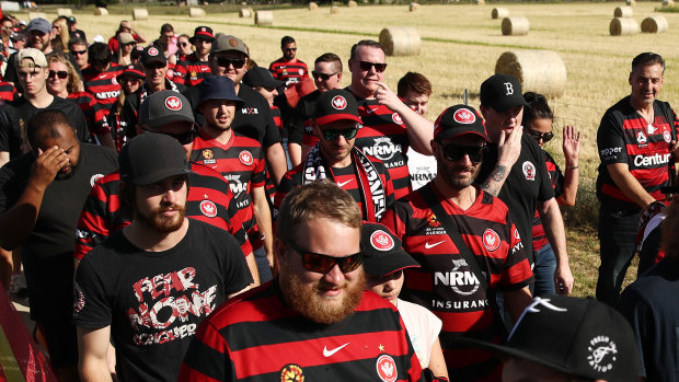 Sydney and the bush: Wanderers fans file in towards Glen Willow Stadium.