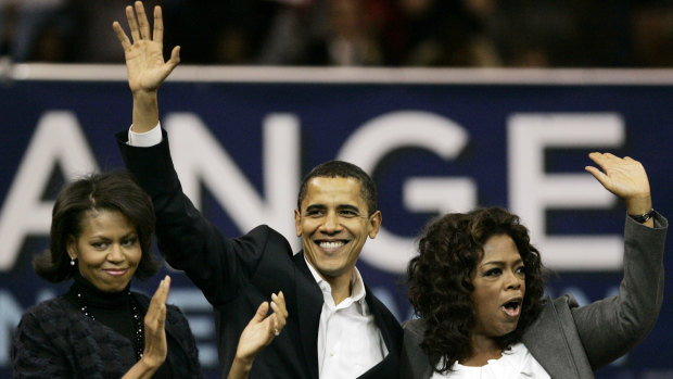 Michelle Obama, left, and Oprah Winfrey with the then Democratic presidential hopeful, Barack Obama, in 2007.