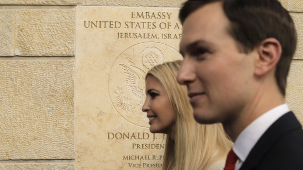 US President Donald Trump's daughter Ivanka, left, and White House senior adviser Jared Kushner attend the opening ceremony of the new American embassy in Jerusalem on Monday.