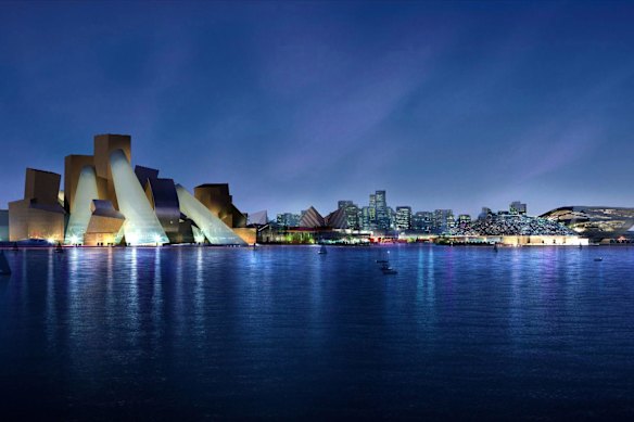 An artist’s impression of Abu Dhabi’s Saadiyat Island Cultural District, with the as-yet unopened Guggenheim Museum on the far left.