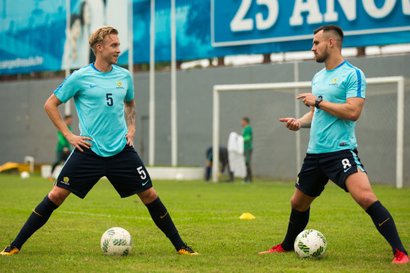 James Jeggo (left) in Honduras with Bailey Wright during the Socceroos’ successful 2018 World Cup play-off mission.