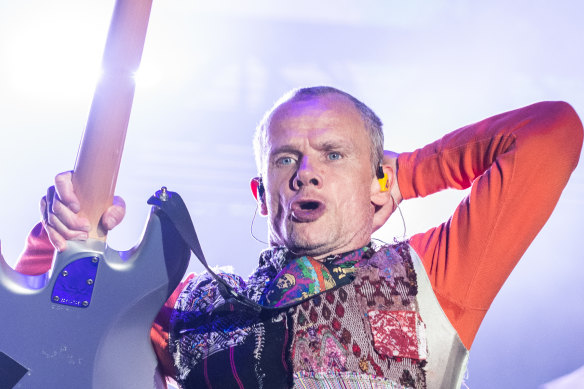 Flea on stage at the Ohana Festival in September.