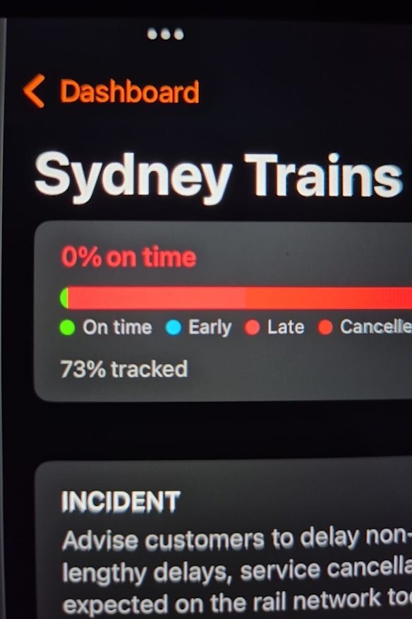 Internal Sydney Trains data shows trains running at zero per cent on time at 1pm. 