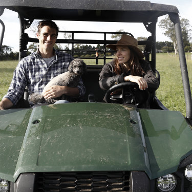 Cummins, fiancée Becky Boston and Norman the dog at the couple’s NSW Southern Highlands farm, to which they escape whenever possible.