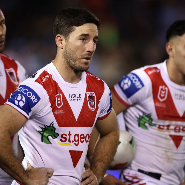 Ben Hunt looks dejected after a Cronulla try.
