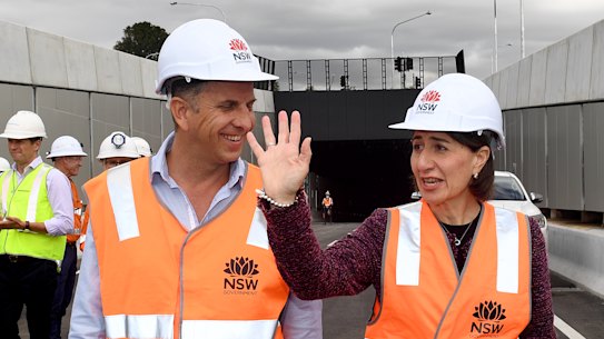 NSW Premier Gladys Berejiklian (right) and Minister for Transport and Roads Andrew Constance inspect the almost-completed M4 WestConnex tunnels in Sydney,