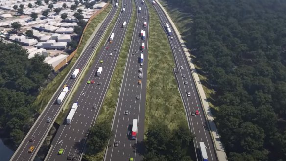 An artist’s impression of the Bruce Highway widening that will coincide with an upgrade of the Gateway Motorway and feeder roads north of Brisbane.