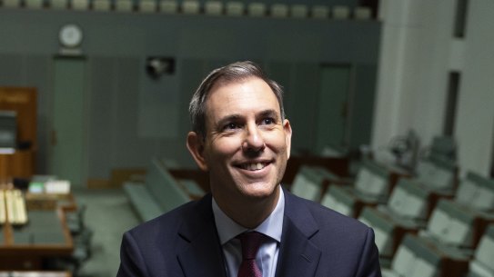 Treasurer Dr Jim Chalmers poses for portraits with photographers in-between television interviews, ahead of the Budget, at Parliament House in Canberra on Sunday 12 May 2024