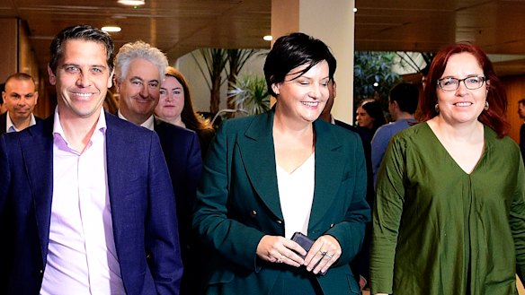 Jodi McKay, flanked by her supporters, entering a Caucus meeting last month.