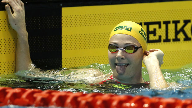 Cate Campbell after winning the women's 50m freestyle final during the Pan Pacific swimming championships in Tokyo.