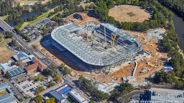 Drone photos showing construction progress of Western Sydney Stadium.