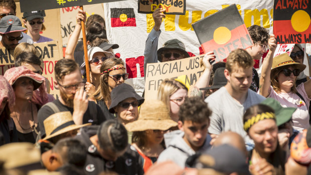 Speakers at the Invasion Day rally took aim at the government over issues affecting Indigenous communities. 