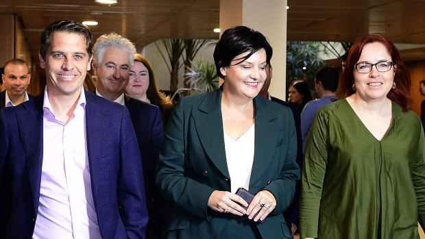 Jodi McKay, flanked by her supporters, entering a Caucus meeting last month.