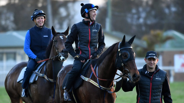 Perfect smiles: Chris Waller leads Winx and Hugh Bowman after a morning workout at Rosehill on Thursday. 