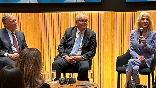 Former US secretary of state Mike Pompeo (left), Scott Morrison, and Kellyanne Conway.