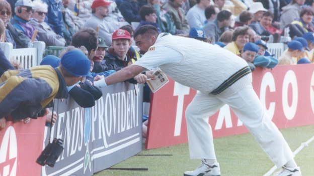 Merv Hughes gets familiar with the crowd at Old Trafford