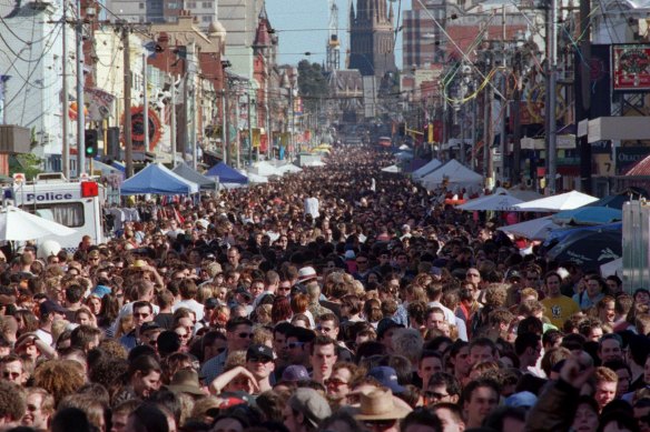 Brunswick Street was quiet in the ’70s. Pictured is the Melbourne Fringe Street Parade and Party in 1998.