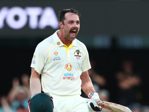 Travis Head celebrates reaching three figures against England in the first Test.