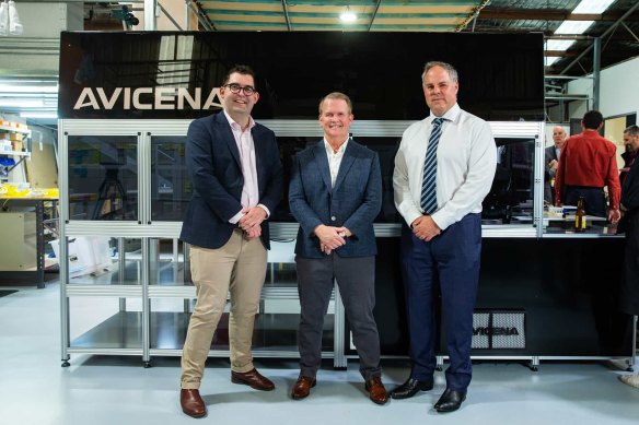 Avicena’s screening device, with (from left) senior engineering manager Mark Sheridan, investment partner Guy Le Page, and Tony Fitzgerald. 