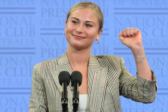 Grace Tame at the National Press Club in 2021.