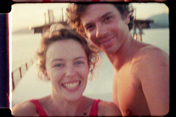 A frame of home movie footage of Michael Hutchence and Kylie Minogue as seen in Mystify.