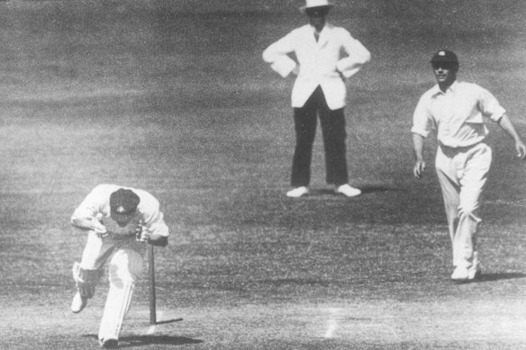 Australian cricketer Bert Oldfield is struck in the head by Harold Larwood during the 1932-1933 Ashes series. They later became firm friends.