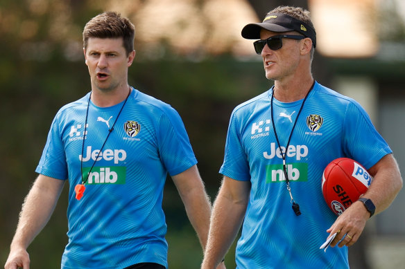 Andrew McQualter (left) will step up as interim coach after Damien Hardwick’s shock resignation.