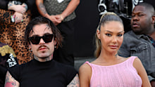 Mod Sun (middle) and Sahara Ray (right) pictured at her last public appearance at 10th anniversary runway show for designer Ashton Michael in Los Angeles in 2023.
