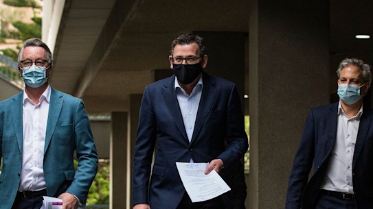 Health Minister Martin Foley, Premier Daniel Andrews and Chief Medical Officer Brett Sutton on Sunday announced the road map out of COVID-19 restrictions. 