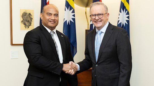 Nauru President David Adeang with Prime Minister Anthony Albanese in June.