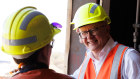 Prime Minister Anthony Albanese speaks to workers outside the Whyalla steelworks in South Australia on Thursday.
