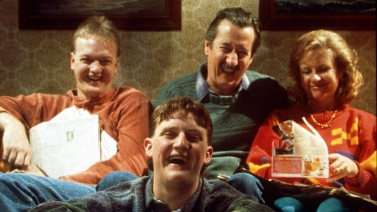 At home with the Kerrigans: Anthony Simcoe as Steve, Stephen Curry as Dale, Michael Caton as Darryl and Anne Tenney as Sal.