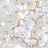 Boundaries of the city core (maroon) and city frame (mustard).
