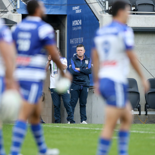 Dean Pay watches the Bulldogs prepare for their clash with the Dragons, just weeks before he was told he was unwanted by the club in 2020.