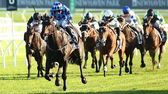 Pride Of Jenni is in a world of her own at the end of the Queen Elizabeth Stakes.