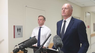 Queensland Health Minister Steven Miles (left) and Queensland Health Director General John Wakefield addressing media about screening issues at Redland Hospital.