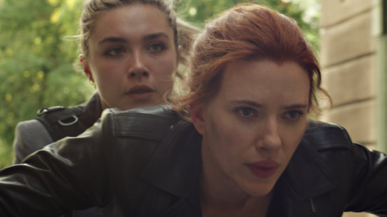 Scarlett Johansson (front) as Natasha Romanoff with Florence Pugh as Yelena in Black Widow. 