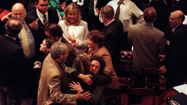 Drug safe injecting room supporters celebrating victory with Ann Symonds hugging a fellow supporter, 1999.