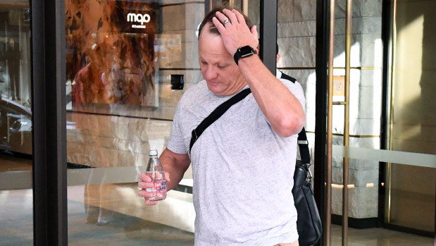 Queensland Maroons coach Kevin Walters is seen leaving the team hotel in Perth on Monday.